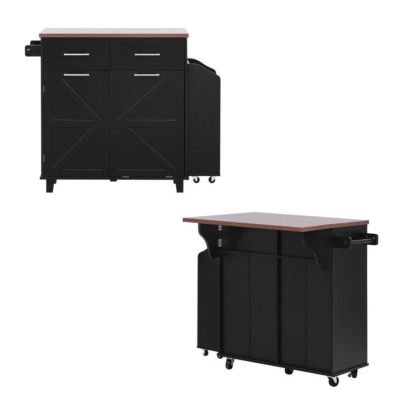 47.2" Farmhouse Kitchen Island With Drop Leaf, Removable Side Shelf, Two Drawers, And Concealed Trash Can Cabinet, Black