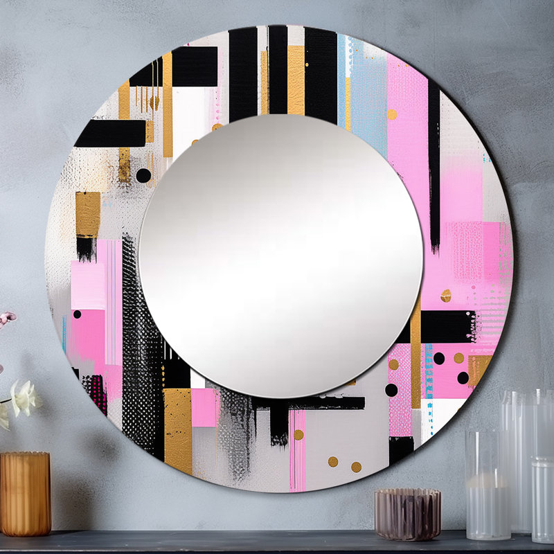 Rose doré à rayures audacieuses - miroir rond cubique pour décoration murale, 23 po x 23 po
