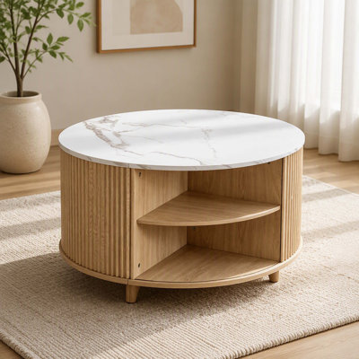 Table basse ronde en bois de 32 pouces avec armoire encastrée et compartiment de rangement caché, table d'appoint moderne et circulaire pour le salon