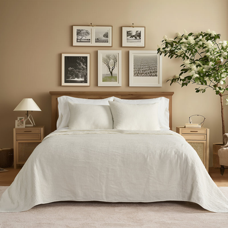 Ribbed Matelassé Cotton Coverlet Set, King Quilt + 2 King Shams, Sage Green