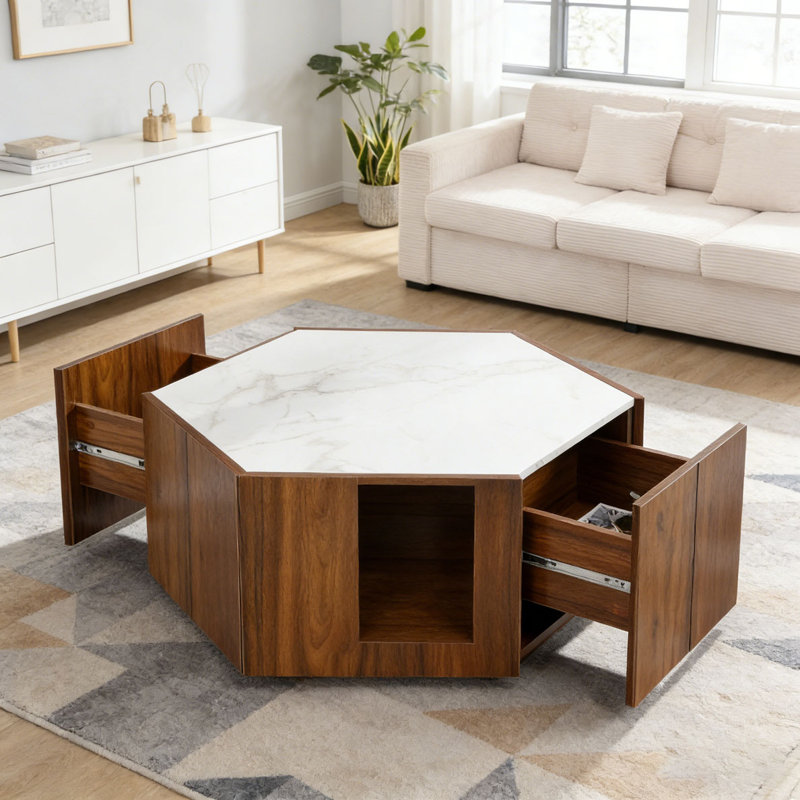 Table basse Retro, Blanc + noyer