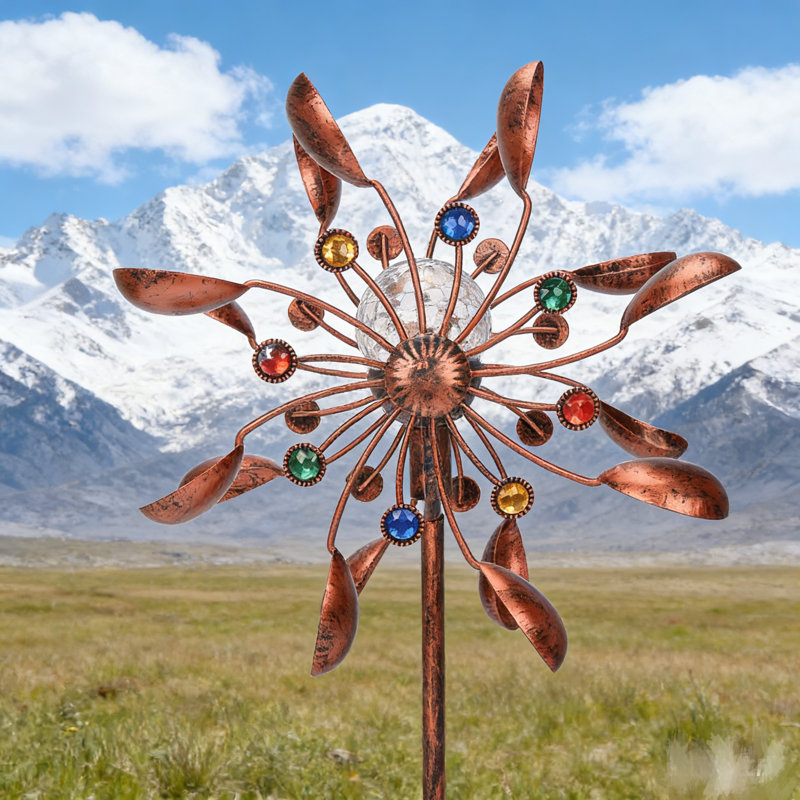 74'' Metal Kinetic Tulip Windmill, Weather Resistant Flower Wind Spinner With Solar LED Light