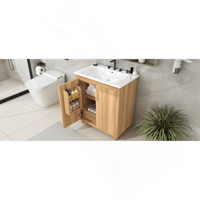 Ensemble de meuble-lavabo 30 po avec lavabo, armoire de salle de bain multifonctionnelle avec portes et tiroir, panneau de fibres à densité moyenne, naturel (ancien SKU: WF319484AAG)