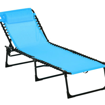 Beach Reclining Sun Chair - Foldable Chaise With 4 Back, Pillow, Breathable Mesh, For Blue Poolside Adjustable , Patio