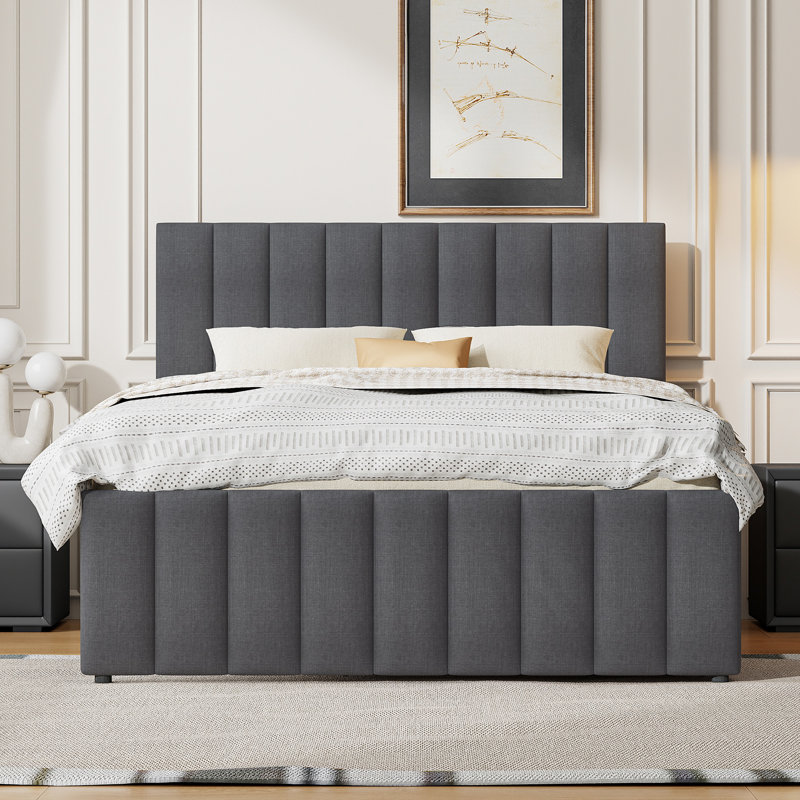 Lit plateforme double tapissier avec lit gigogne simple et 3 tiroirs, tissu en lin, Gris