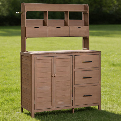 Banc de rempotage Farmhouse, poste de travail de jardin en bois massif de 44,6 po avec 6 tiroirs, armoire de rangement, étagère et îlot de cuisine