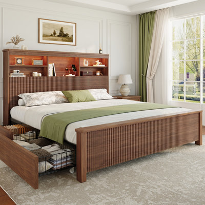 Modern Fluted Platform Bed with LED Headboard Storage & 4 Under-Bed Drawers