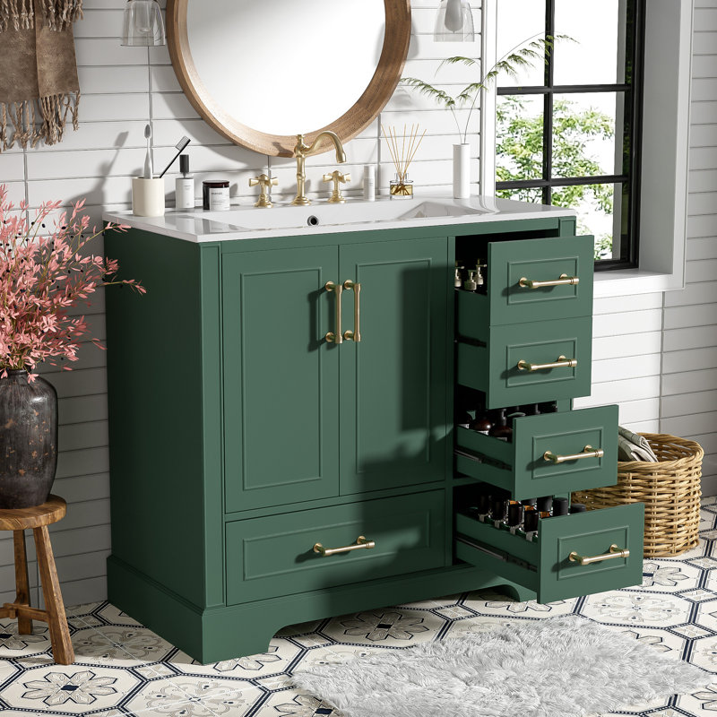 36" Single Bathroom Vanity With Ceramic Sink, Green, Gold