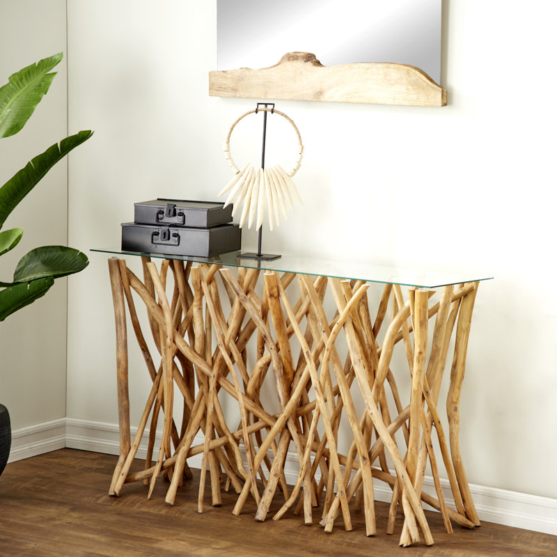 Simonsen Teak Wood Handmade Tree Branch Brown Console Table with Clear Glass Top