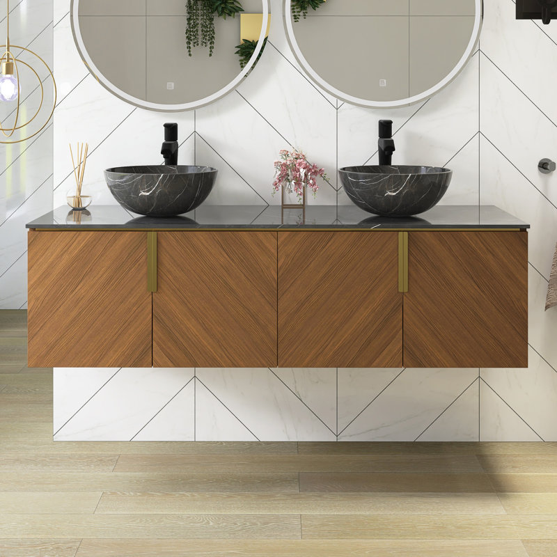 Meuble-lavabo mural 60 po avec comptoir en pierre frittée et 2 cuves noires en céramique