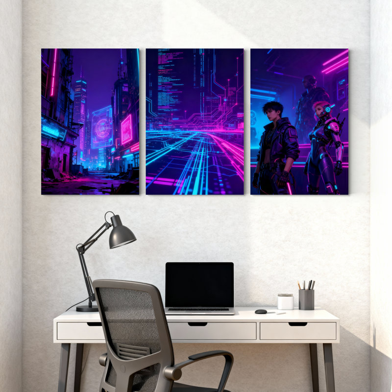 «Abstract Cyberpunk City Neon Lights», ensemble de 3 impressions sur toile, H 24 po x l 48 po