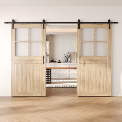 Homacer Double 32in x 84in Half Lite Grid Frosted Glass Unassembled & Unfinished Barn Doors with Non-Bypass Installation Hardware Kit, 11ft track, interior use only