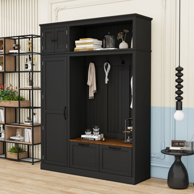 Hall Tree with Storage Cabinet, 3 Adjustable Side Shelves, 4 Heavy-Duty Hooks, 2 Drawers, and Contrasting Storage Bench