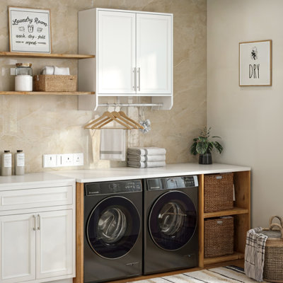 29.5" Wall Cabinet With Hanging Rod, Wall Mounted Laundry Room Cabinets With Adjustable Shelves For Laundry Room, Bathroom, Kitchen