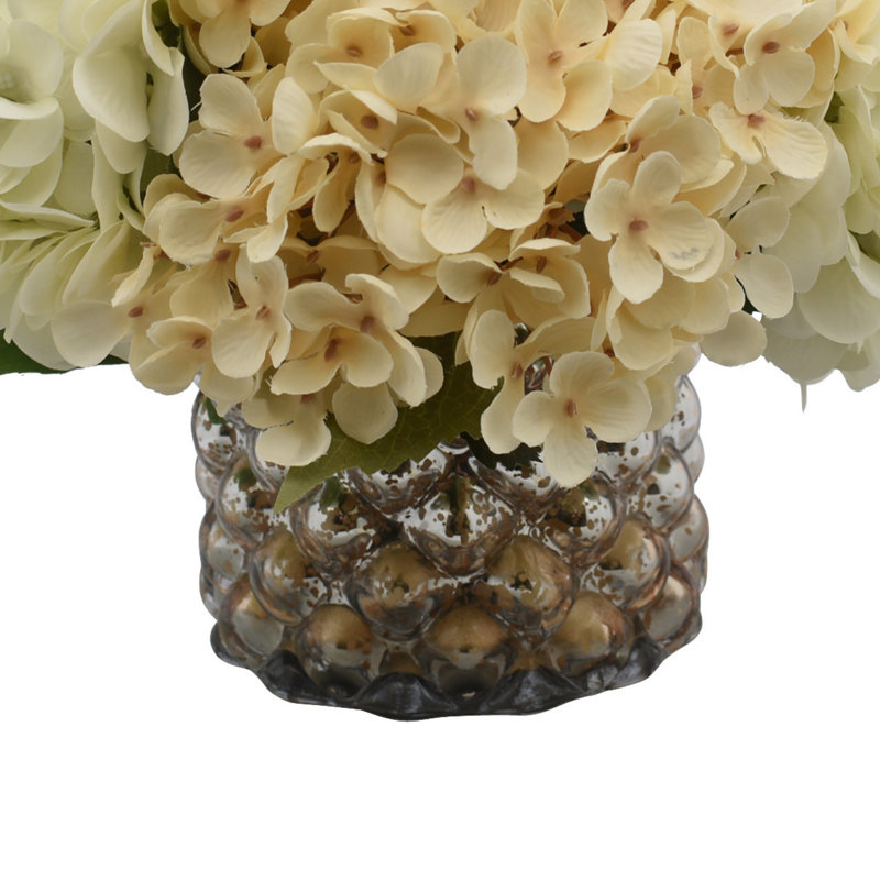 Mixed Hydrangeas In Mercury Glass Vase, Cream/White