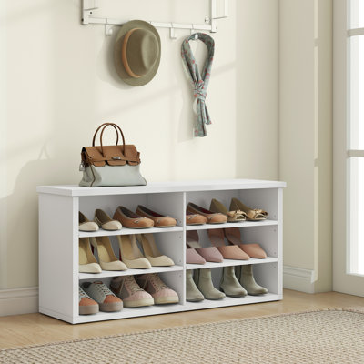 12 Pair Shoe Storage Bench with 6 Cubbies, Entryway Bench with Adjustable Shelves, Shoe Rack Cabinet