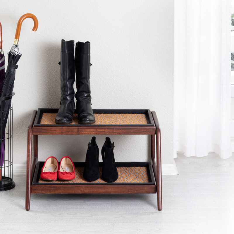 Premium Solid Wood Boot Tray Stand with Natural Coir Mat - Entryway & Mudroom Shoe Organizer, 22" W x 26.5" L, Tier 2