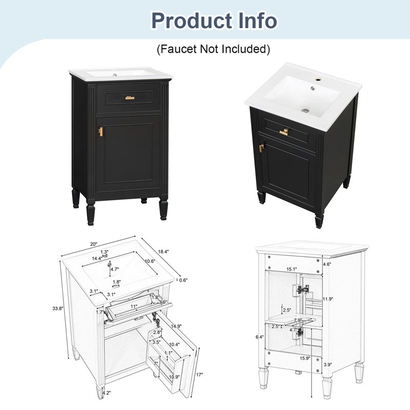 Meuble-lavabo autoportant moderne de 20 po avec lavabo en céramique, Noir