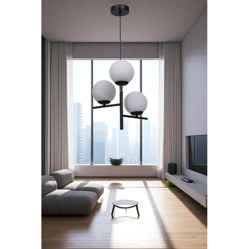 Lustre réglable élégant, corps en métal et capuchon en verre, 5,9 po x 11,8 po | Max 3 ampoules E27 de 40 W (non incluses) | Design élégant blanc et noir, parfait pour l'éclairage de la salle à manger, du salon et du vestibule