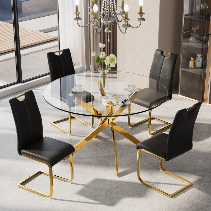 Ensemble de salle à manger 5 pièces, H 29,5 po x L 47 po x l 47 po, Noir / doré, Doré