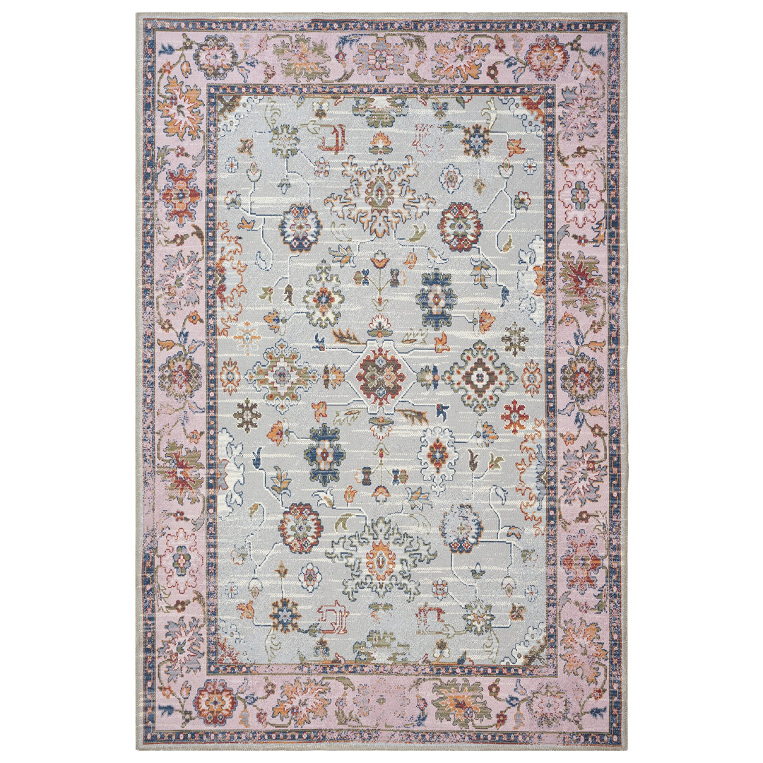 GLN Rugs Traditional Collection - Machine Washable Area Rug, Traditional Washable Rug, Non Slip Washable Rug, Low Pile Chenille Living Room Rug, Bedroom Rug, Kitchen Rug (Pink and Gray Rug) Gln Rugs Rug