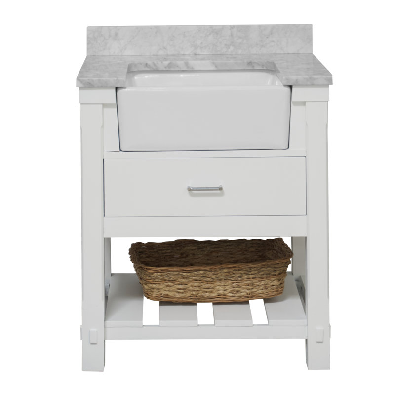Hitton 30'' Single Bathroom Vanity with Top, Carrara Marble, White