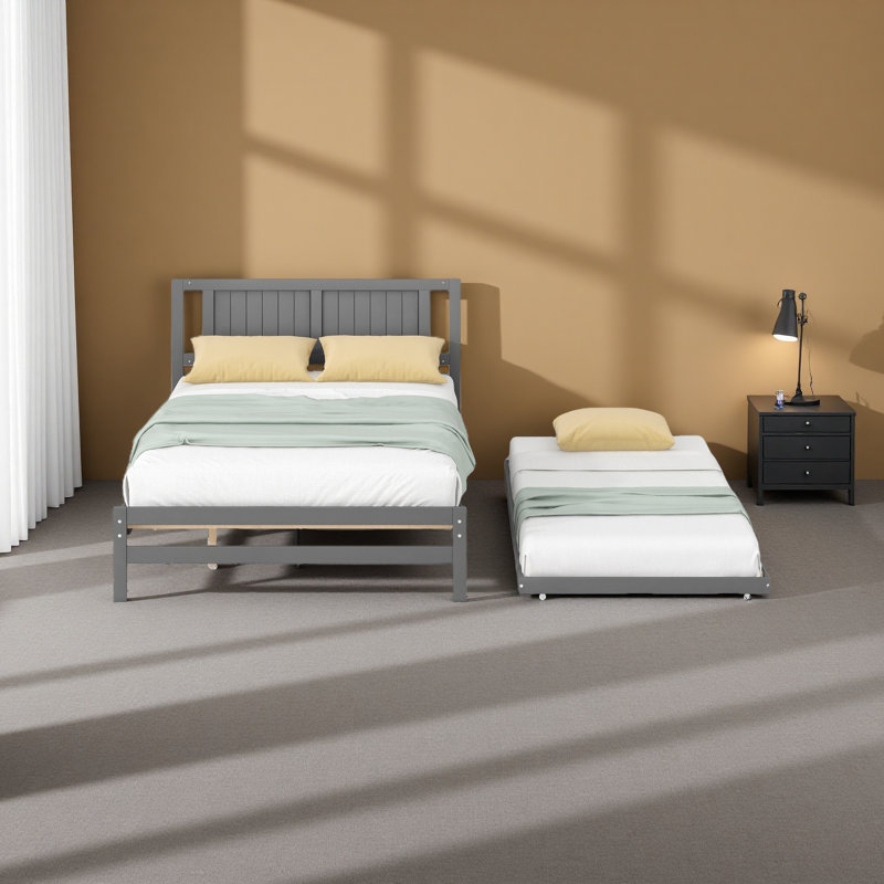 Full Platform Bed With Adjustable Trundle, Gray