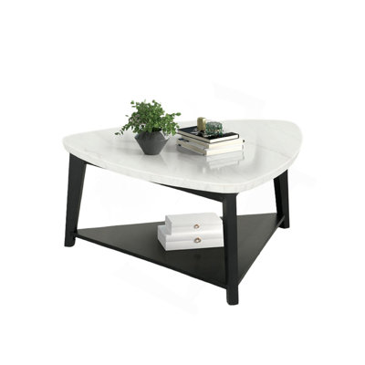 Contemporary Style Triangle Coffee Table Bottom Storage Space Marble Top White And Black Finish Primary Living Room