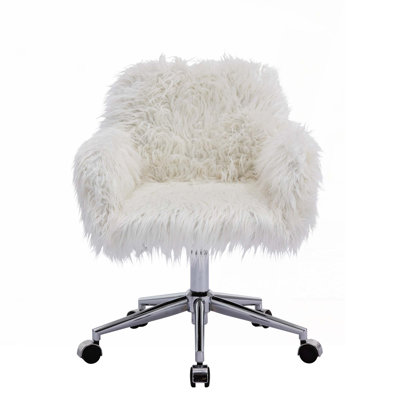 Modern Faux Fur Home Office Chair, Fluffy Chair, Makeup Vanity Chair With Plating Base by Everly Quinn