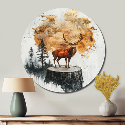Deer Guardian of the Forest II - décoration murale moderne en métal orange, art mural rond imprimé cerf