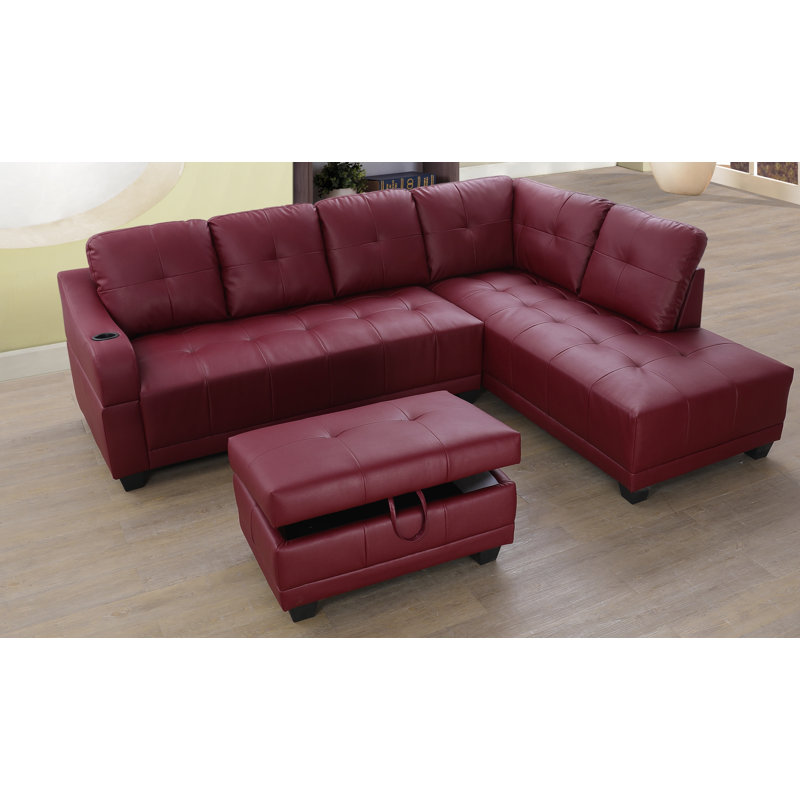 Sweetgrove Faux Leather L-Shaped Sectional, Right Hand Facing, Faux Leather Red