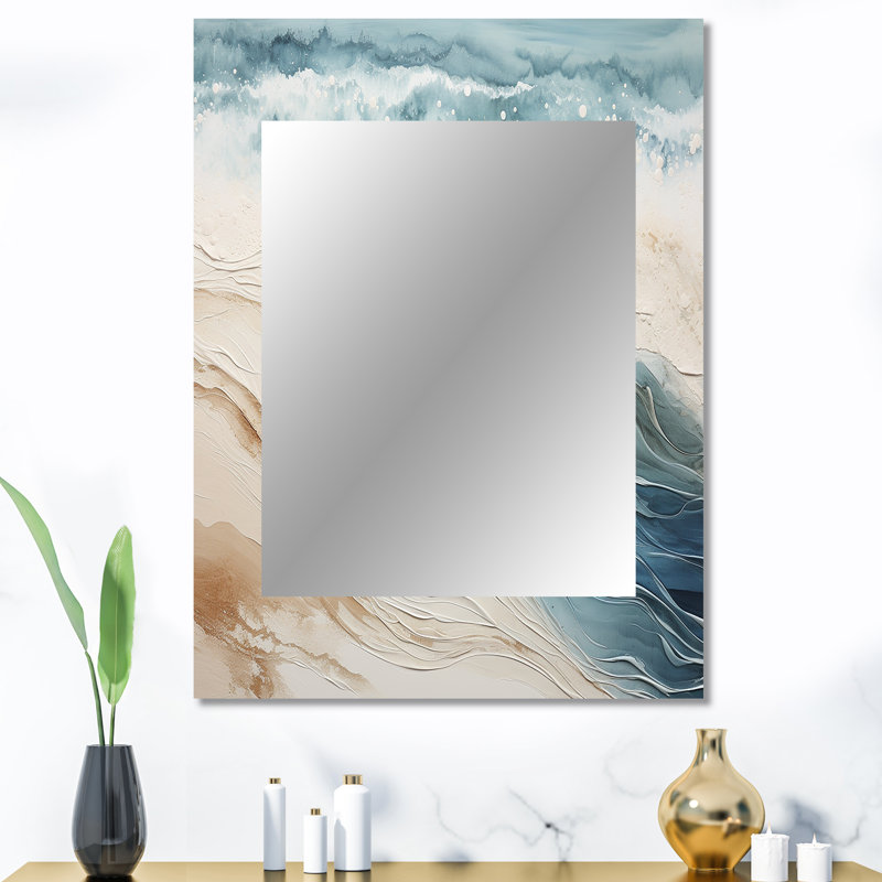 Moderne bleu et beige sable vue aérienne V - miroir mural décoratif sable de plage, miroir gris, impression d'art en métal