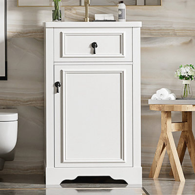 Bathroom Vanity with Ceramic Sink and Door-Mounted Storage Rack Ideal for Small Bathrooms