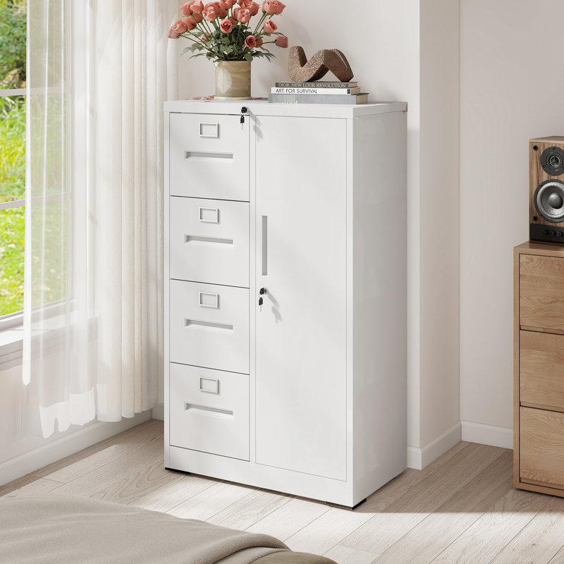Classeur vertical en métal blanc pour le salon et le salon, 4 tiroirs avec suspension de roulement en acier à extension complète, système de verrouillage à basculement, rails de suspension réglables pour rangement à 1 porte