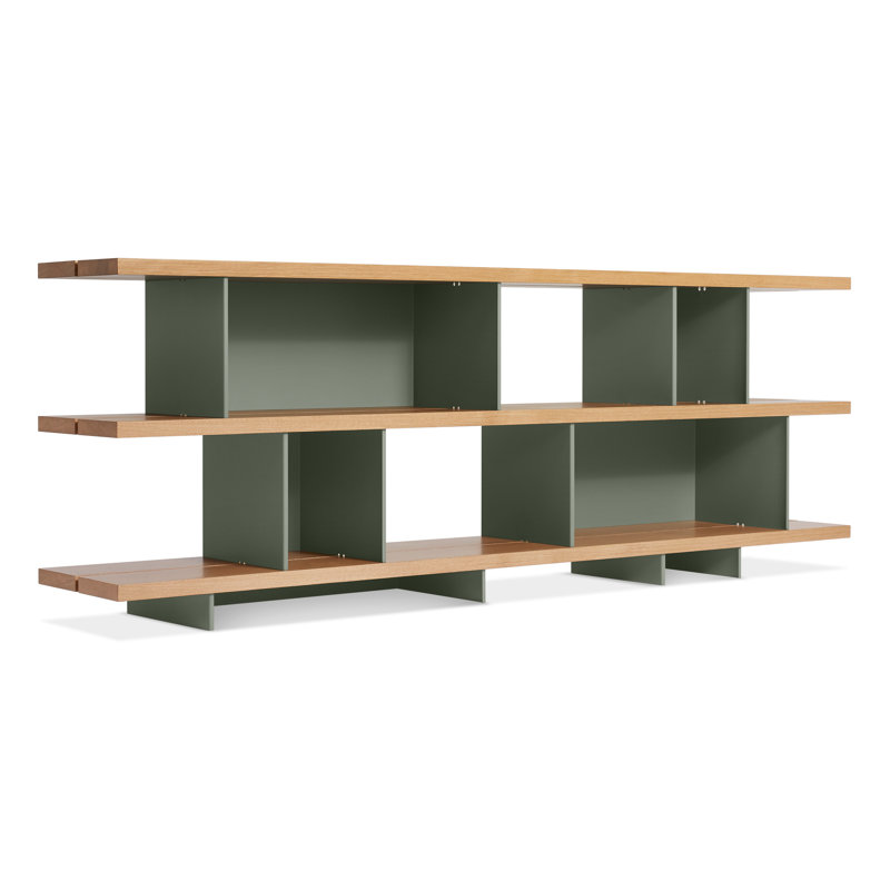 Happy Day Bookcase, (3 Shelves) 29" H x 81" W x 14" D, White Oak/Gray Green