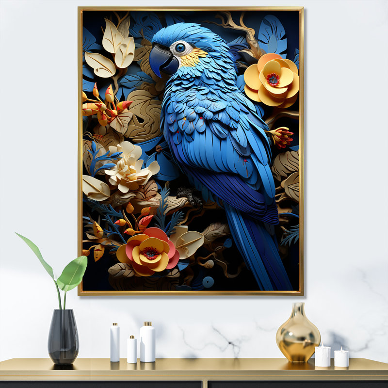 «Blue Parrot Paradise», reproduction d'art mural, Cadre flottant doré, H 40 po x l 30 po