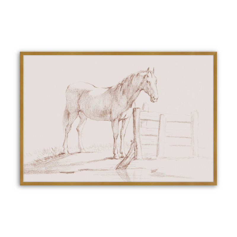 Cheval debout à une clôture par Jean Bernard, reproduction d'art, H 12 po x l 16 po, Doré