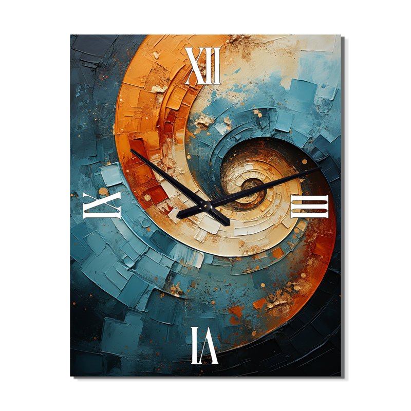 Orange bleu sarcelle abstrait spirales I - abstrait très grandes horloges murales, H 40 po x l 30 po x P 1 po
