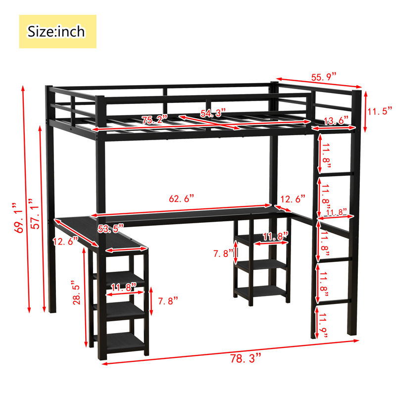 Full Metal Loft Bed with Desk, Bookshelves, Ladder & Guardrails, Space-Saving Loft Bed Frame for Bedroom, Black with Black Desk
