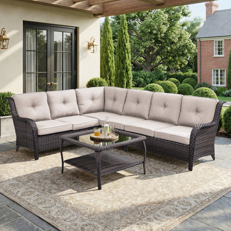Ensemble de canapé d'angle en résine tressée 2 pièces pour terrasse avec table basse, Beige
