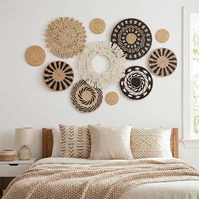 11 paniers muraux décoratifs bohèmes, suspensions murales en jonc tressé, paniers décoratifs en osier de différentes tailles, napperons pour la cuisine, décoration rustique pour la maison (style bohème)