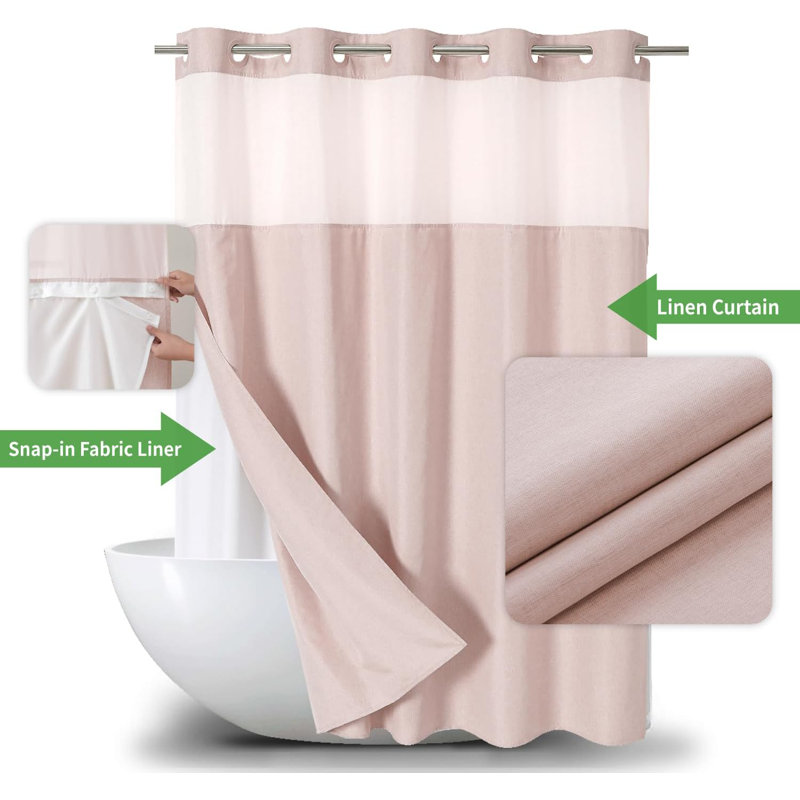 Blush Linen Textured Hookless Shower Curtain with Snap-in Fabric Liner