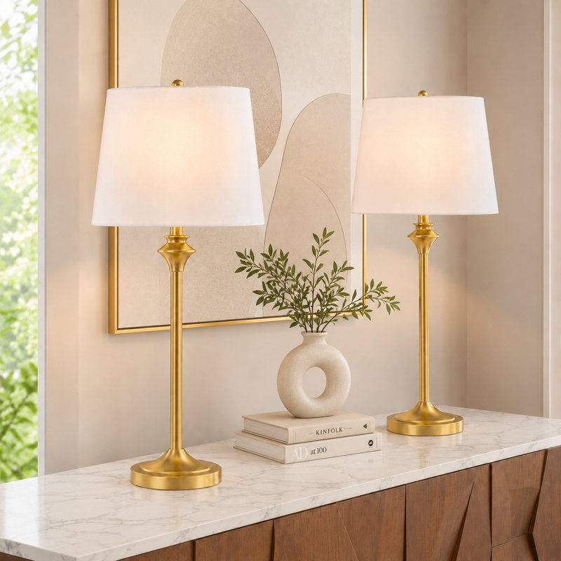 Lampe de table moderne en laiton poli L 26 po avec interrupteur à bouton et abat-jour en lin L chariot, Laiton poli