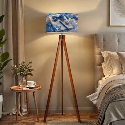  Lampe trépied sur trépied élégant cahier bleu satiné avec cœurs étincelants Lampe scintillante à DEL avec pieds en bois de hêtre et abat-jour en lin amovible pour le salon et la chambre à coucher