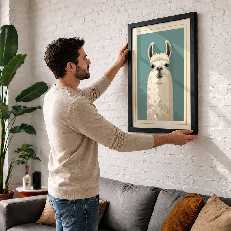 Llama Face Minimalist - Framed Print, Oak, A4 - 29.7 x 21.0 cm