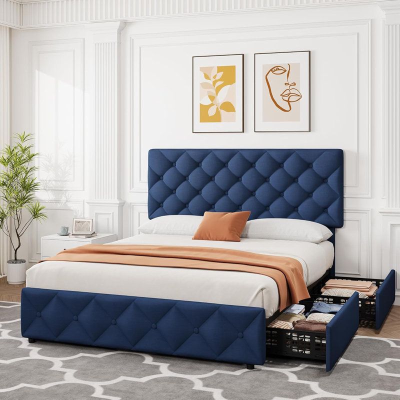 Bed With 4 Storage Drawers And Headboard, Queen, Gray