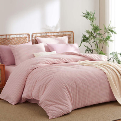 Nayoroom 3 Pieces Gingham Duvet Cover 100% Washed Cotton Plaid Checkered Duvet Cover Set Modern Grid Bedding Set With Zipper Closure Corner Ties