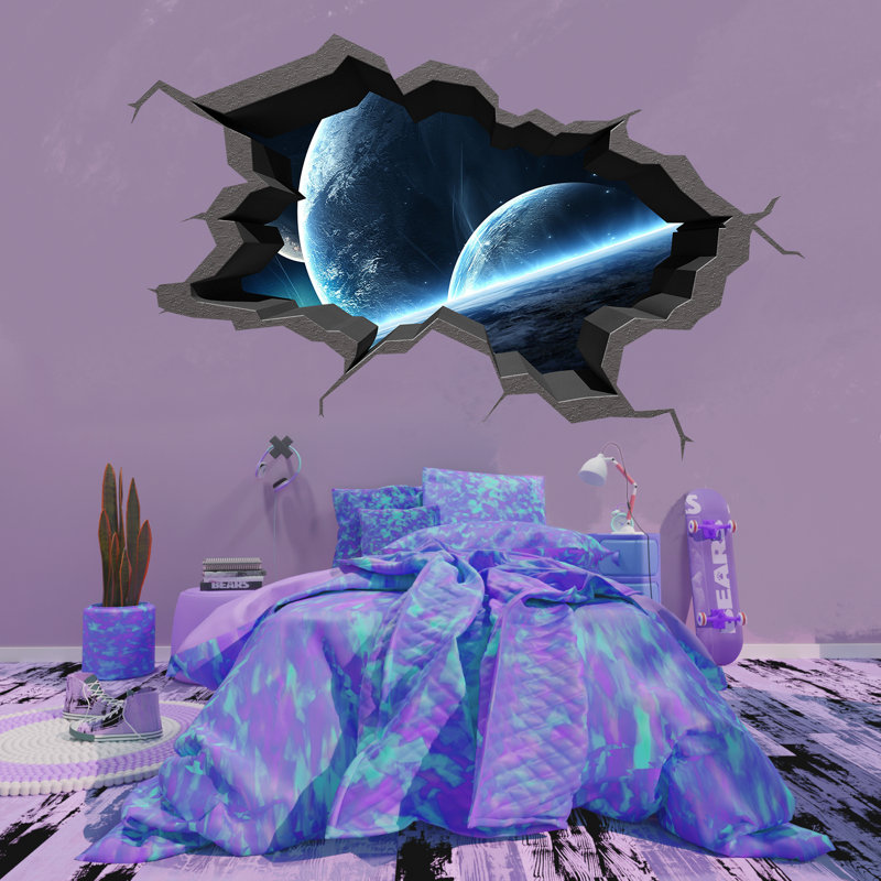 Adhésif mural 3D Terre - Murale de l'espace avec effet de lune et de mur brisé - Autocollant mural en vinyle pour les chambres d'enfants, les chambres et les salles de classe