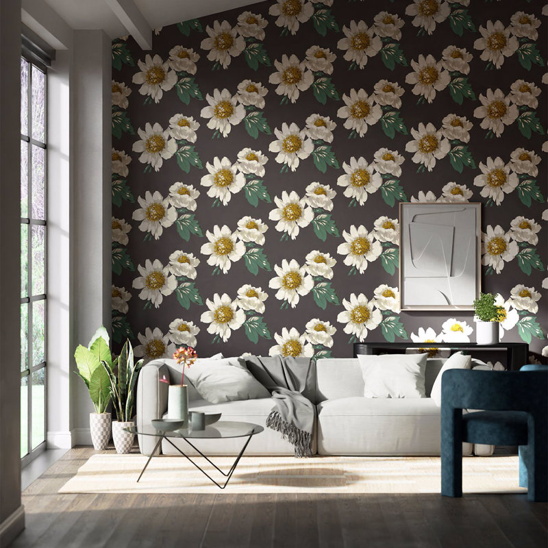Paeonia 10.05m x 68.6cm Wallpaper Roll, Black Earth/Fig Leaf/ Gold