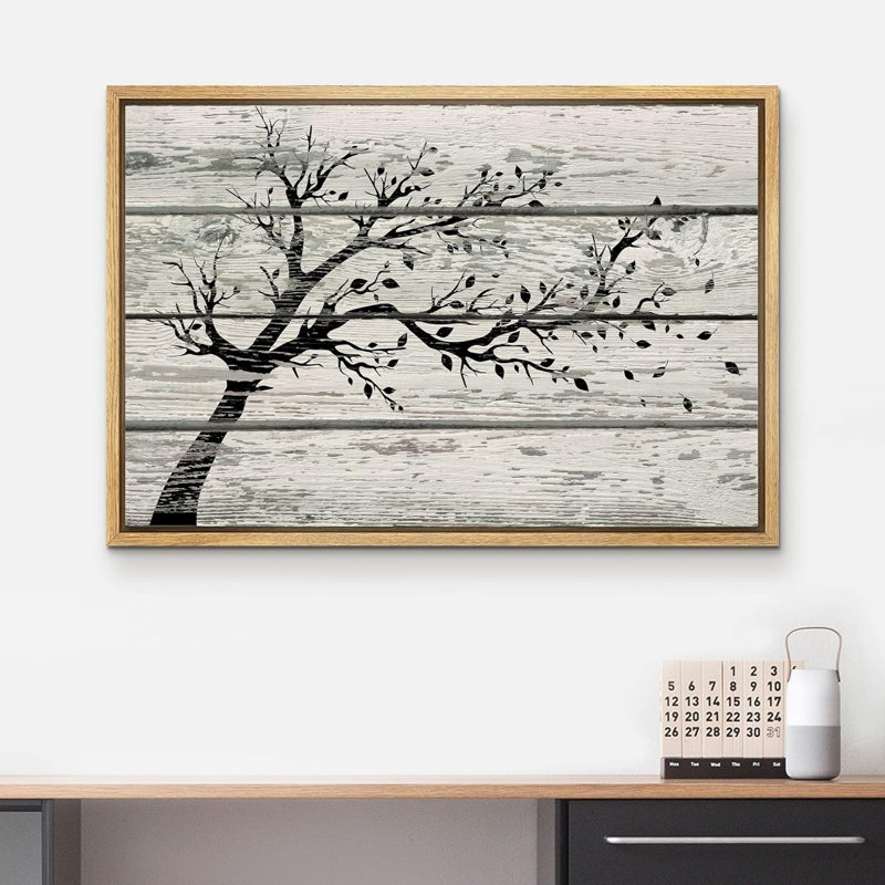 Arbre avec feuilles en noir et blanc sur fond effet bois rétro, impression sur toile rustique, H 24 po x l 36 po
